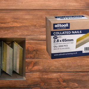 “ALLTOALL FASTENERS 34° paper collated galvanised D-head nails 2.8 × 65mm smooth shank box of 3000.”