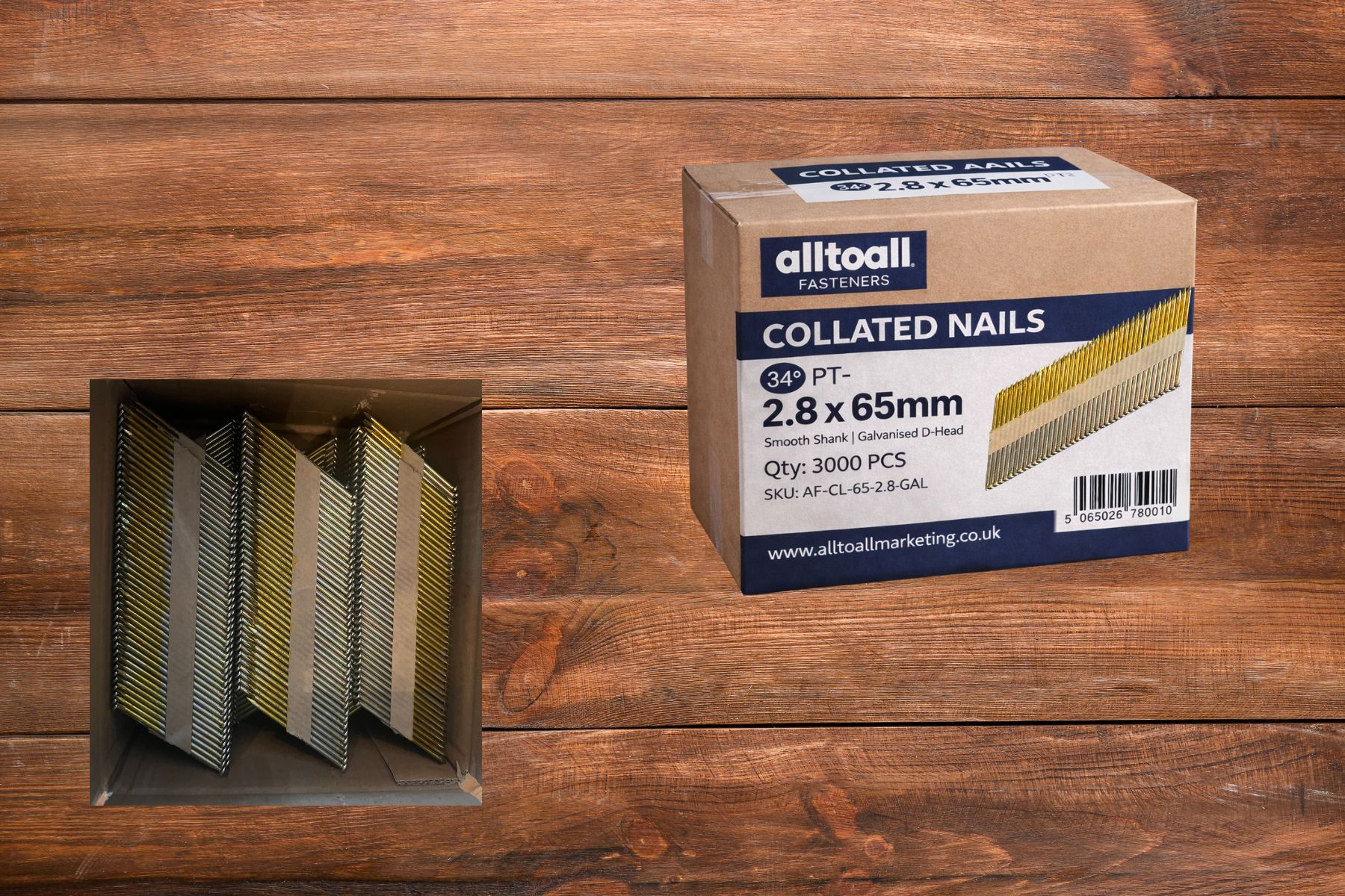 “ALLTOALL FASTENERS 34° paper collated galvanised D-head nails 2.8 × 65mm smooth shank box of 3000.”