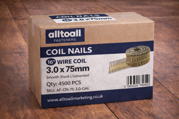 16° Galvanised Wire Coil Nails 3.0 x 75mm Smooth Shank 4500 Pack ALLTOALL Fasteners